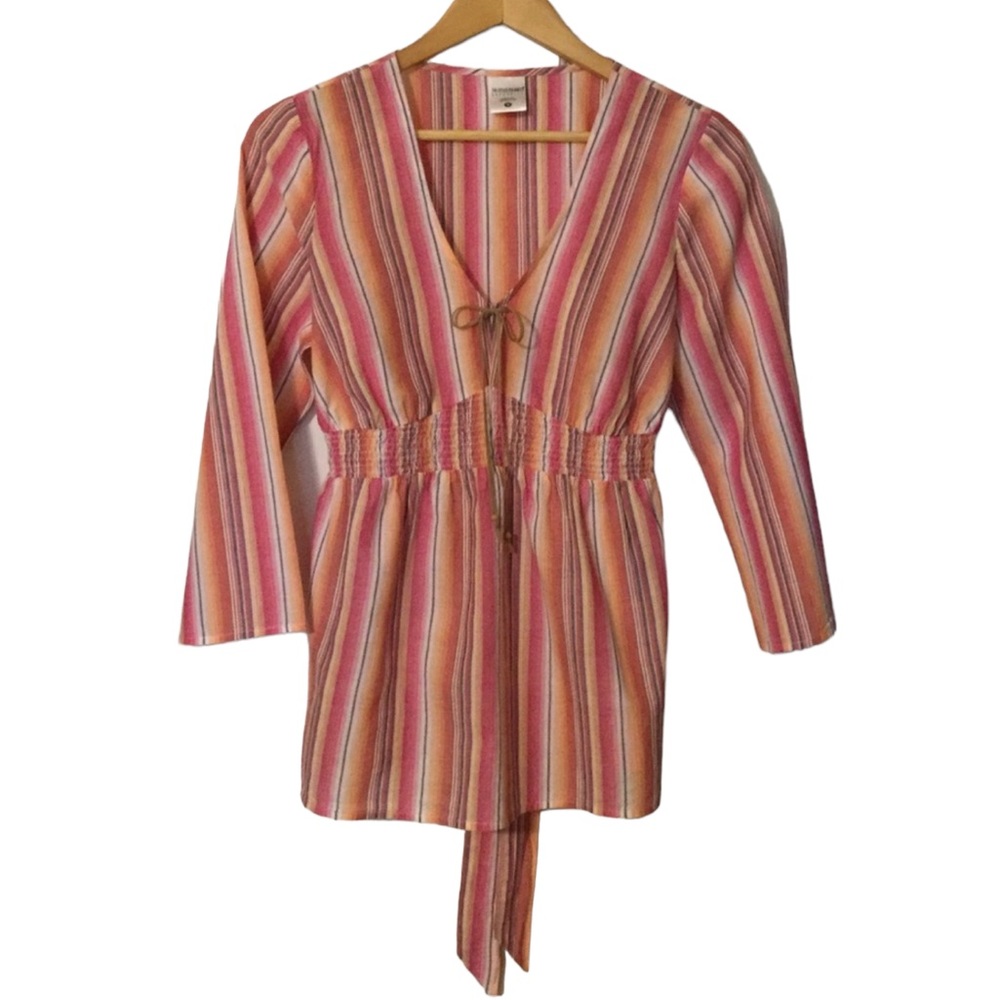 MOTHERHOOD MATERNITY sz Medium Top Smocked Boho Beads 70s Vibe Bell Sleeve Pinks